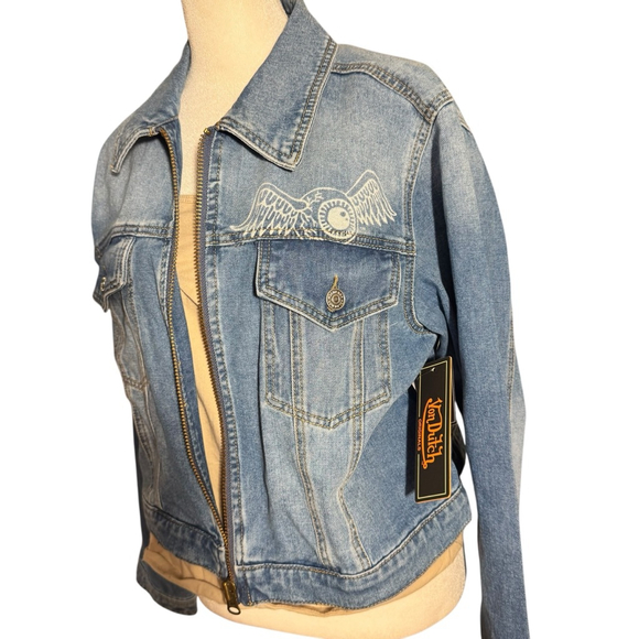 Size XL Von Dutch Blue Denim Jean Jacket with Red Logo XL Red Logo Patch Y2K - Picture 8 of 10